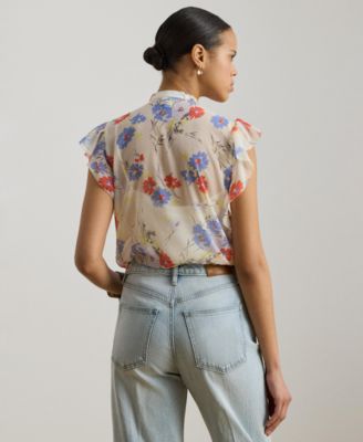 Women's Floral Pintucked Tie-Neck Blouse