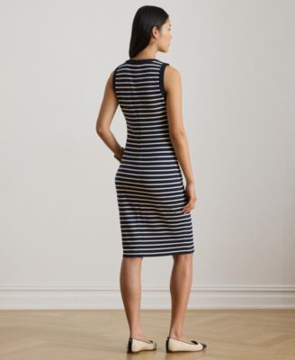 Women's Striped Snap-Trim Crewneck Sheath Dress