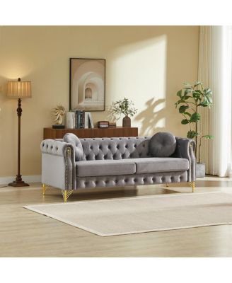 Streamdale Velvet Chesterfield Sofa with Pillows & Studs, Metal Legs