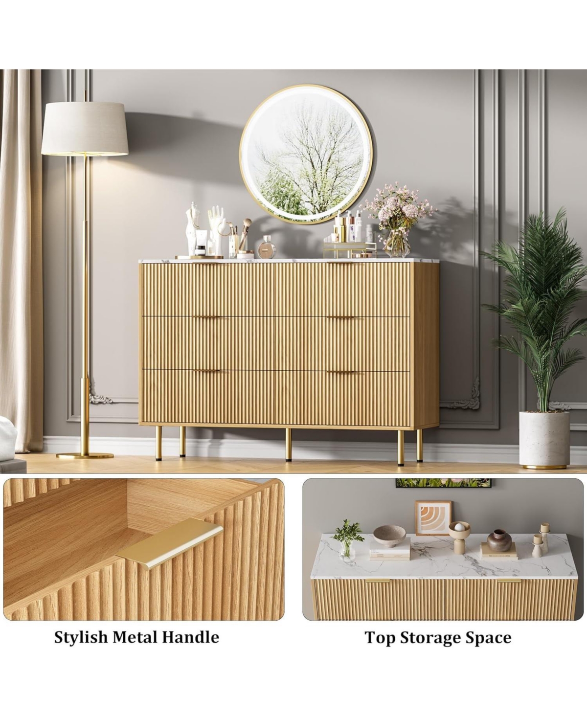 gaomon 6 Drawer Dresser for Bedroom Chest of Drawers, 47" Wide Fluted Dresser with Drawers, Modern Wooden Double Dressers for Living Room