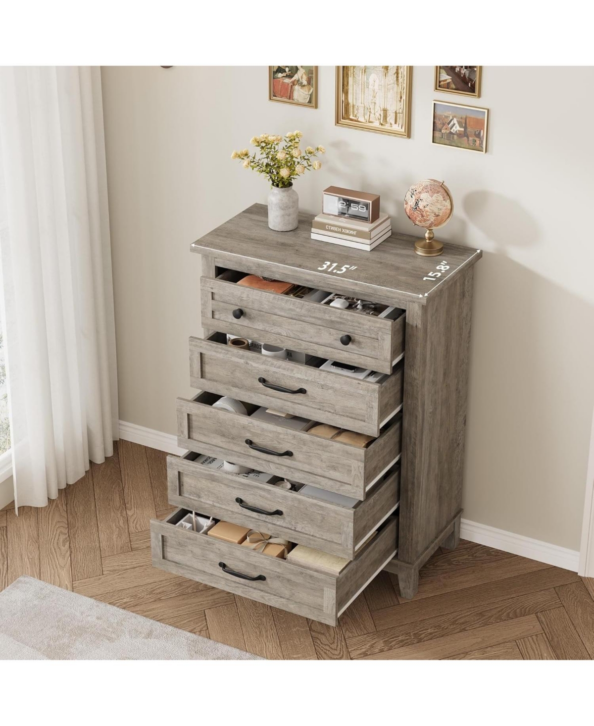 gaomon 5 Dresser for Bedroom, 41.3 in Tall Vertical Drawer Dresser with Large Storage, Freestanding Wooden Closet Chest for Bedroom, Living Room