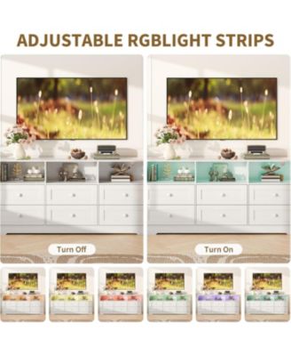 6 Drawer Dresser with RGB Lights & Power Outlet, Wooden Chest of Drawers with Open Shelves