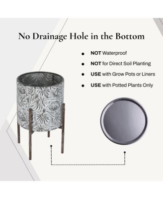 Set of 2 Coastal Distressed White and Gray Metal Cachepot Planters with Metal Stand