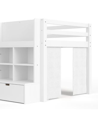 Twin Loft Bed with Multi-Storage Shelves, Curtain & Chalkboard