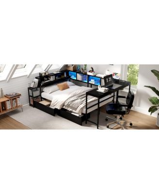 Streamdale Corner Bed Frame Full Size with Bookcase, LED, Charging Station, Black