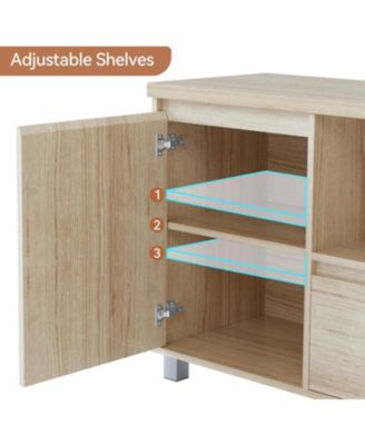 Rattan TV Stand for 65 Inch TV, Entertainment Center with Storage Drawer and Open Shelf, Wood