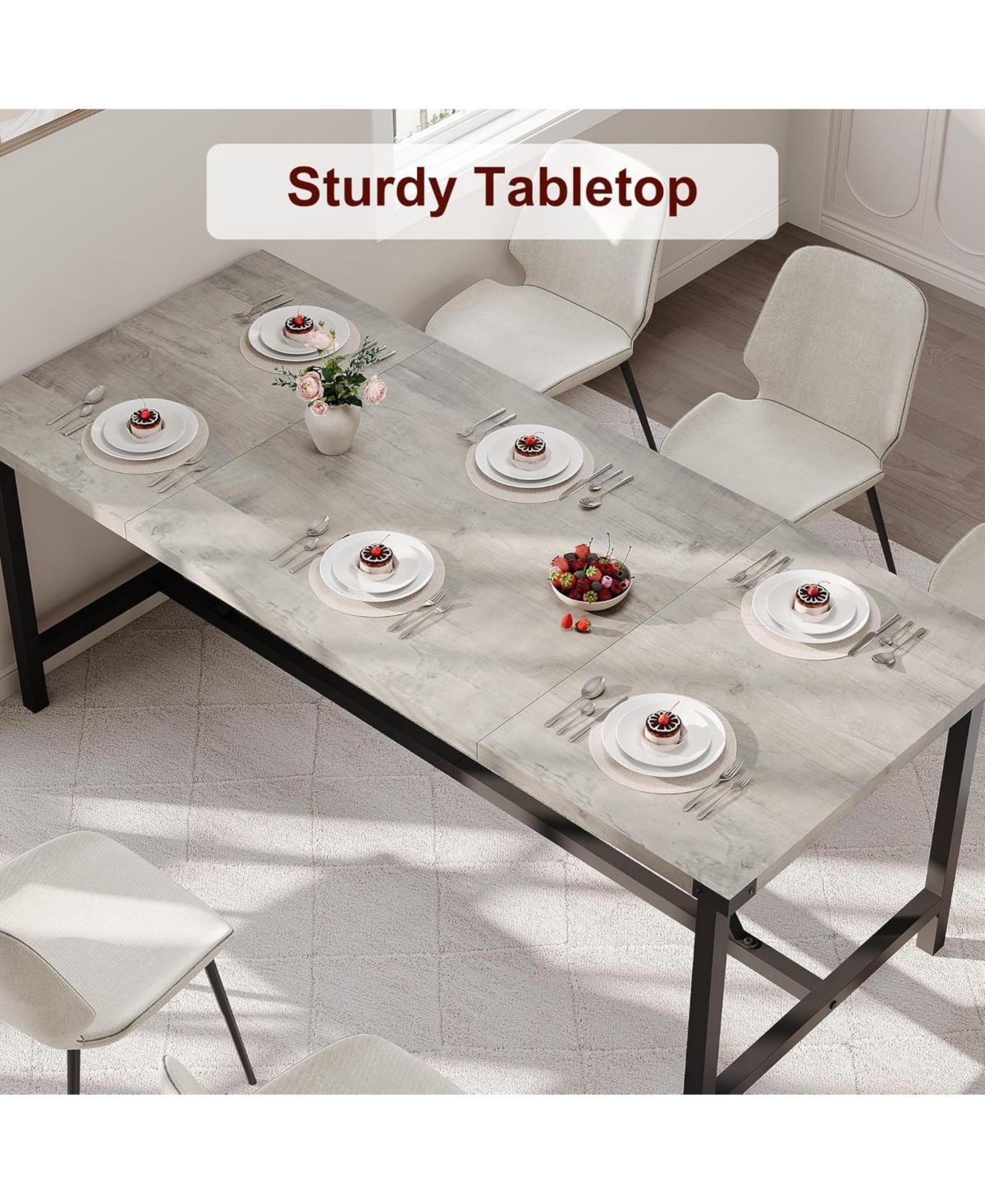 gaomon 70.87 Inch Large Farmhouse Dining Table with Wood Grain Engineered Panels and Sturdy Black Metal Legs Seats 6-8 Dual Use as Home Office Desk