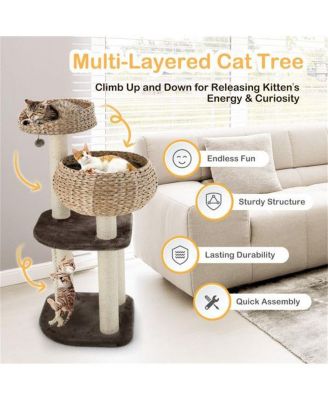 41" Hand-Woven Cat Tree with 3 Sisal Posts, Multi-Level Activity Center