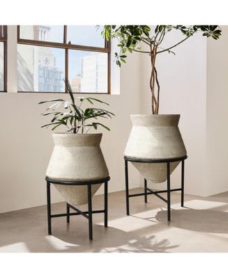 2-Piece Beige Cachepot Planter Cauldron Set with  Stands