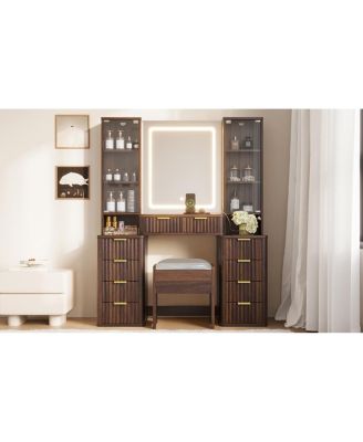 43.5" Fluted Makeup Vanity Desk w/ Mirror, Lights, 10 Drawers