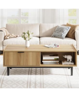 Coffee Table 42.5" Mid Century Modern Center Table with Drawer Fluted Living Room Table