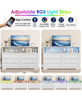 6 Drawer Dresser for Bedroom, with RGB LED Lights & Power Outlet, 55" Wide Chests of Drawers Dresser TV Stand for 55 Inch TV, for Living Room