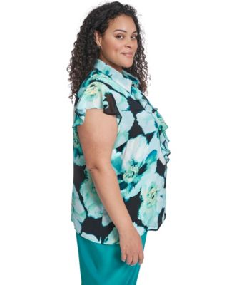 Plus Size Collared Neck Short-Sleeve Top