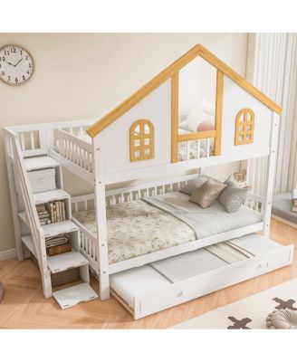 Streamdale Full Size Wooden House Roof Bunk Bed with Storage Staircase