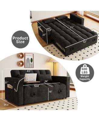 65-inch 3-in-1 foldable sofa bed with table, storage armrests, velvet finish