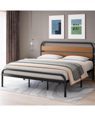 King Bed Frame with Wood Headboard, Mid-Century Modern Bed Frame, Metal Platform Bed Frame/No Box Spring Needed/Noise-Free