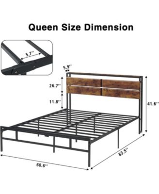 Queen Bed Frame with Storage headboard Metal Platform Bed Frame Queen Size Bed Frame with Rustic Vintage Wood