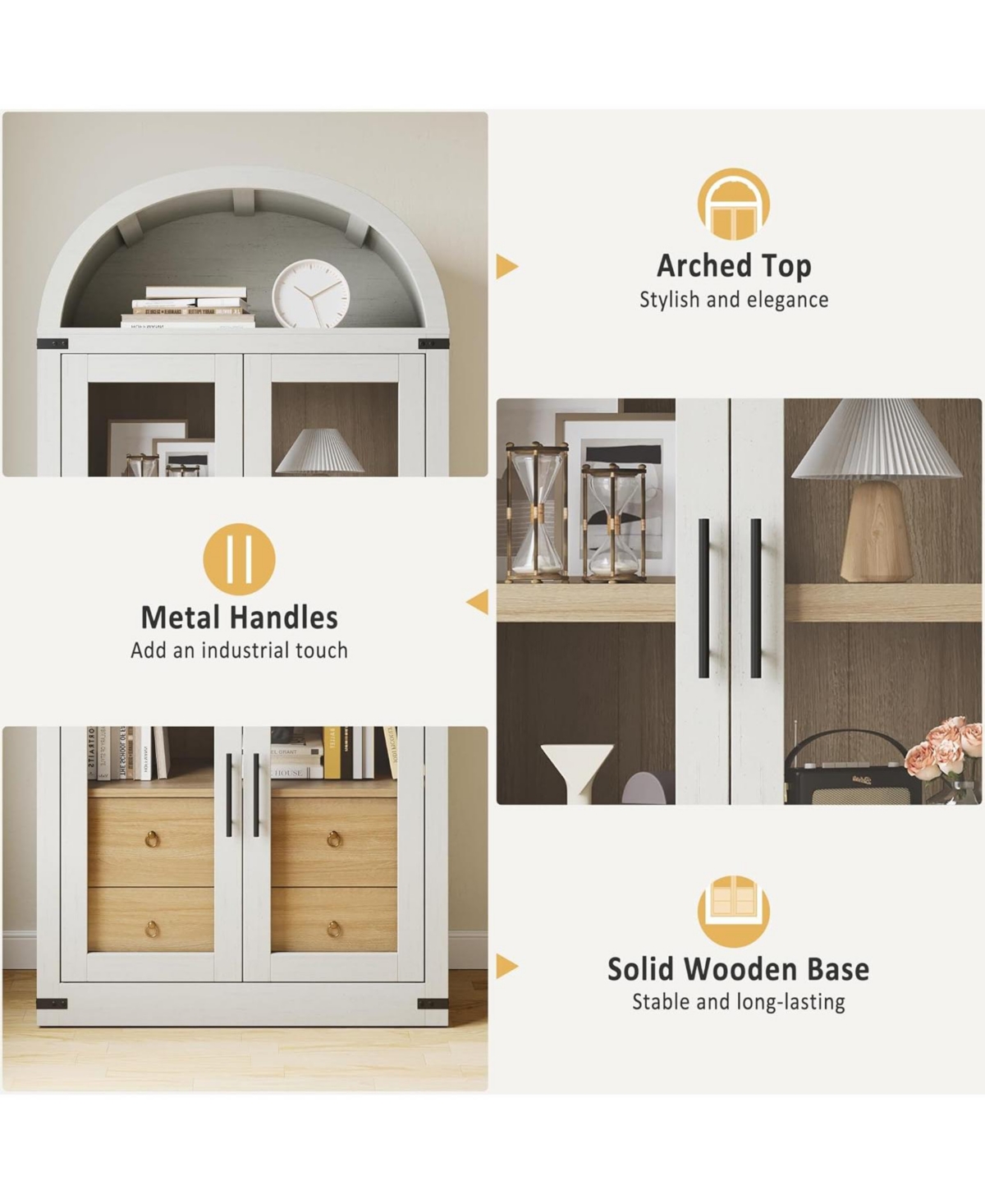gaomon Arched Bookshelf with Doors Farmhouse Bookcase 15.83 in Depth Display Storage Shelves 71.4 in Tall Wooden Display Cabinet Rounded Bookcases for