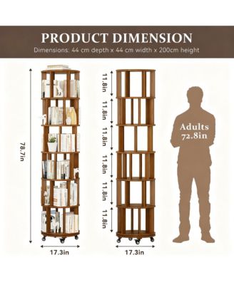 Rotating 6-Tier Walnut Bookshelf with Wheels for Space-Efficient Storage