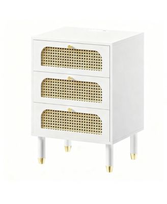 Boho Style Tall Rattan Nightstand with Charging Station