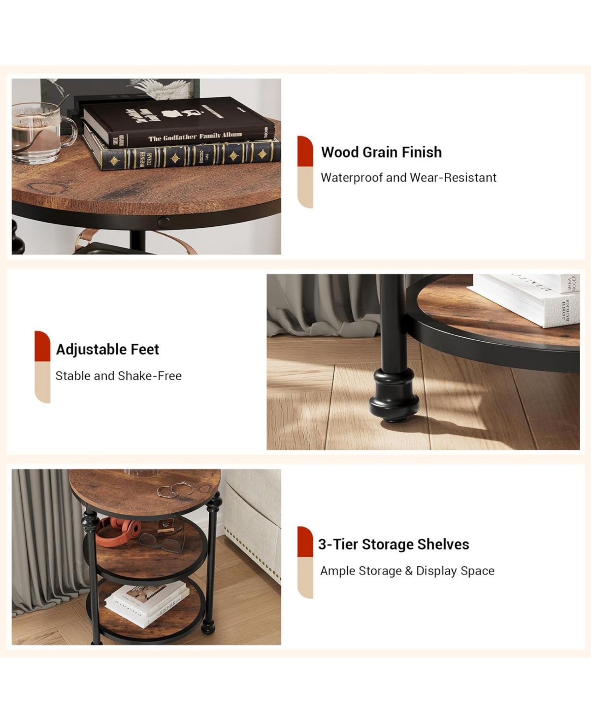 gaomon Round End Table, Small Side Table with 3 Shelves for Living Room, Bedroom, Night Stand Accent Coffee Table with Steel Frame