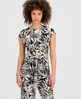 Women's Printed Cap-Sleeve Tie-Waist Top & Wide-Leg Pants