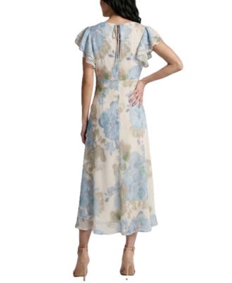 Women's Ruffle-Sleeve Floral V-Neck Dress