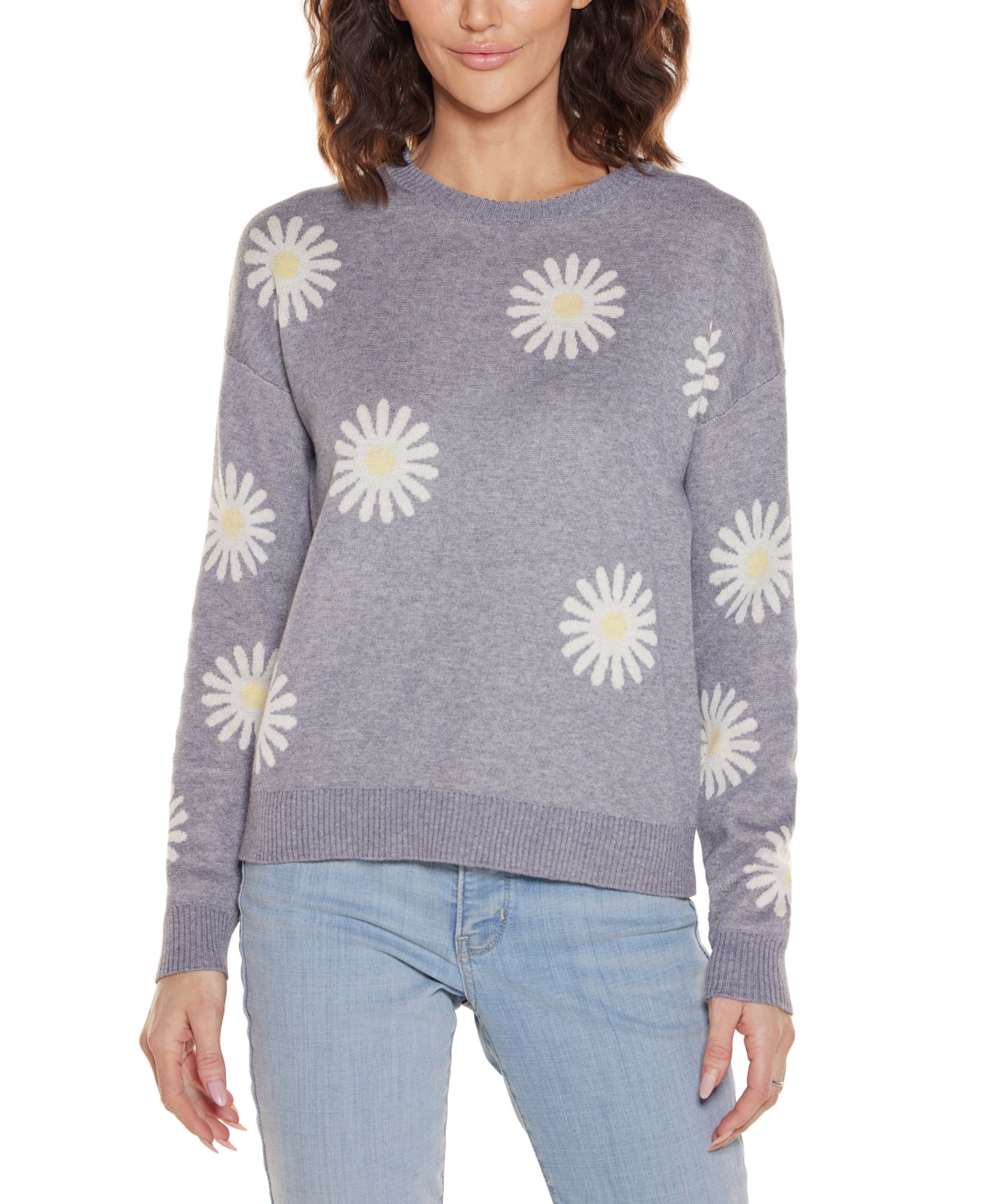 Женский свитер Belldini Jacquard Flower Crew Neck, цвет: Меланжевый серый — фото 1