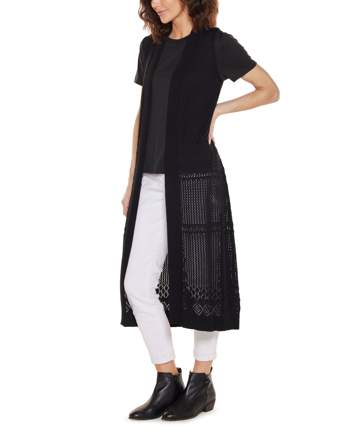 Belldini Women's Pointelle Sleeveless Duster Cardigan Sweater