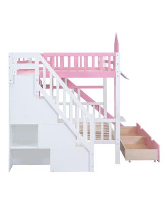 Full-Over-Full Castle Bunk Bed w/ Drawers, Shelves & Slide