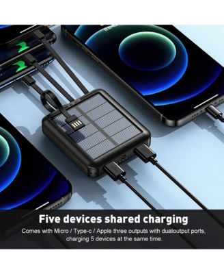 20000mAh Solar Charging Power Bank Fast Charger for Cell Phone Build-in 4 Cables, Strong LED Light, USB Cable, Micro Cable, Type C Cable, LT Cable