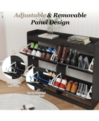 Black Large Rattan Narrow Shoe Cabinet - 4 Flip Drawers Freestanding with Wooden Legs