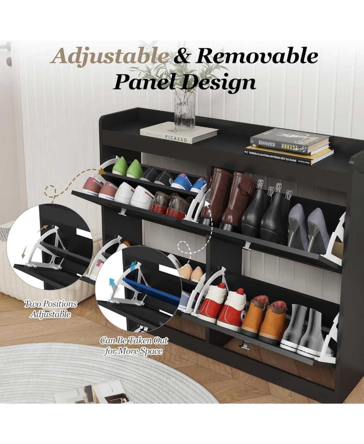 gaomon Black Large Rattan Narrow Shoe Cabinet