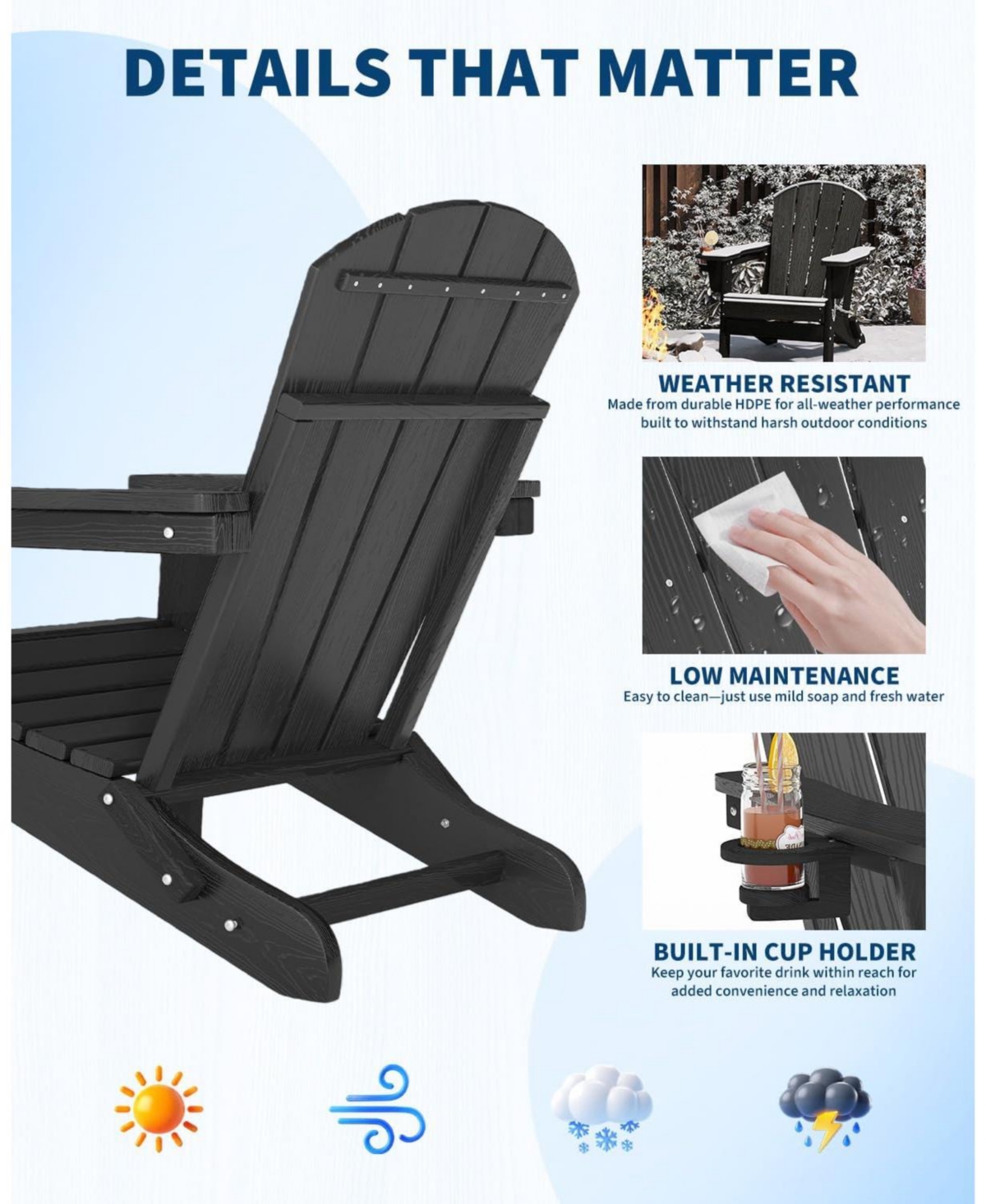 gaomon Folding Adirondack Chair, Hdpe Outdoor Patio Chair with Cup Holder, All Weather Resistent Wooden Textured for patios, Decks, Gardens