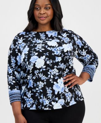Plus Size 3/4-Sleeve Contrast-Cuff Top
