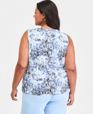 Plus Size Printed Pleat-Neck Sleeveless Top