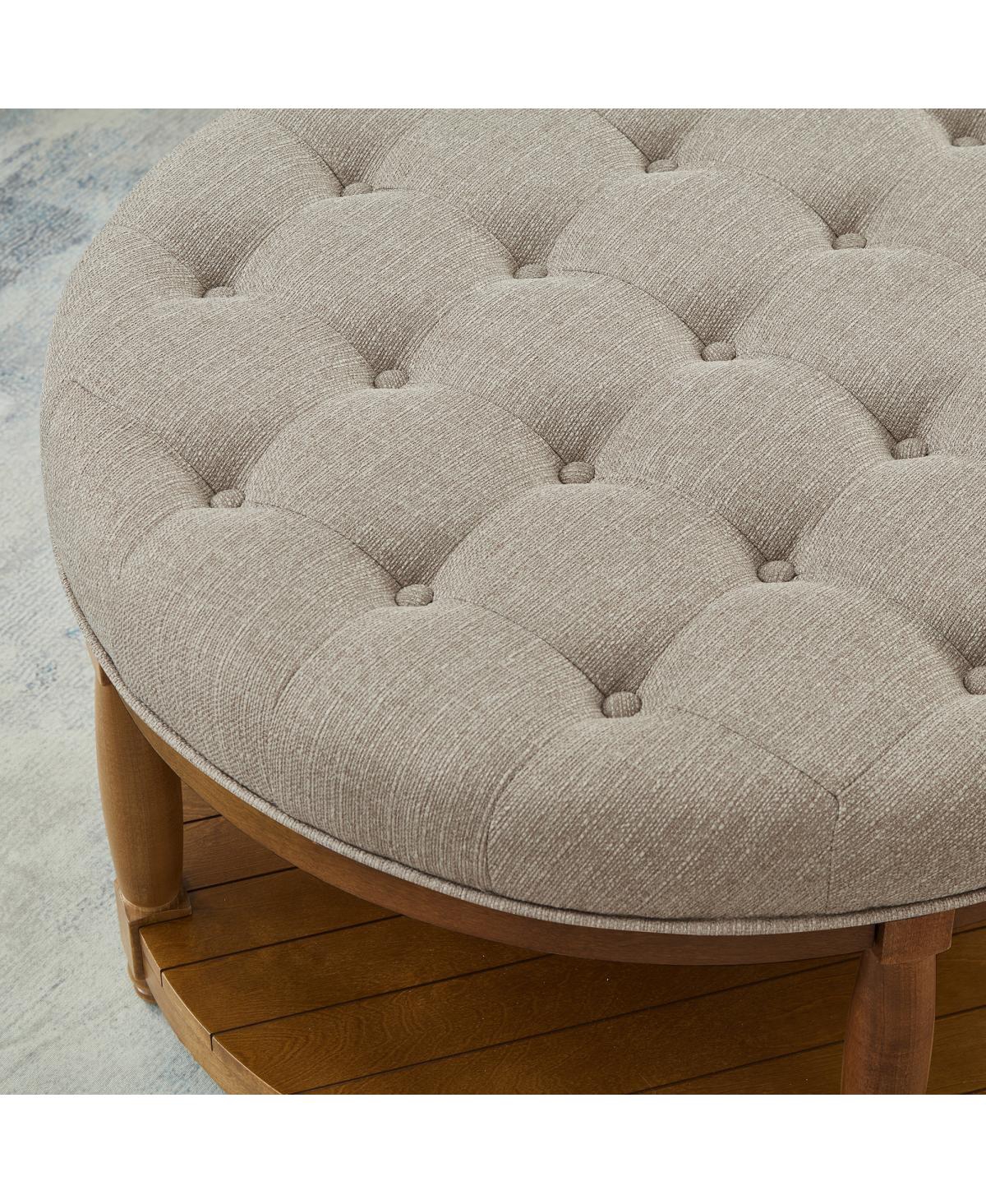 Streamdale Large Tufted Linen Ottoman Coffee Table with Wood Shelf Storage