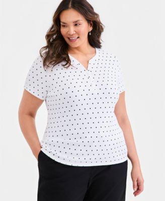 Plus Size Printed Short-Sleeve Henley Top