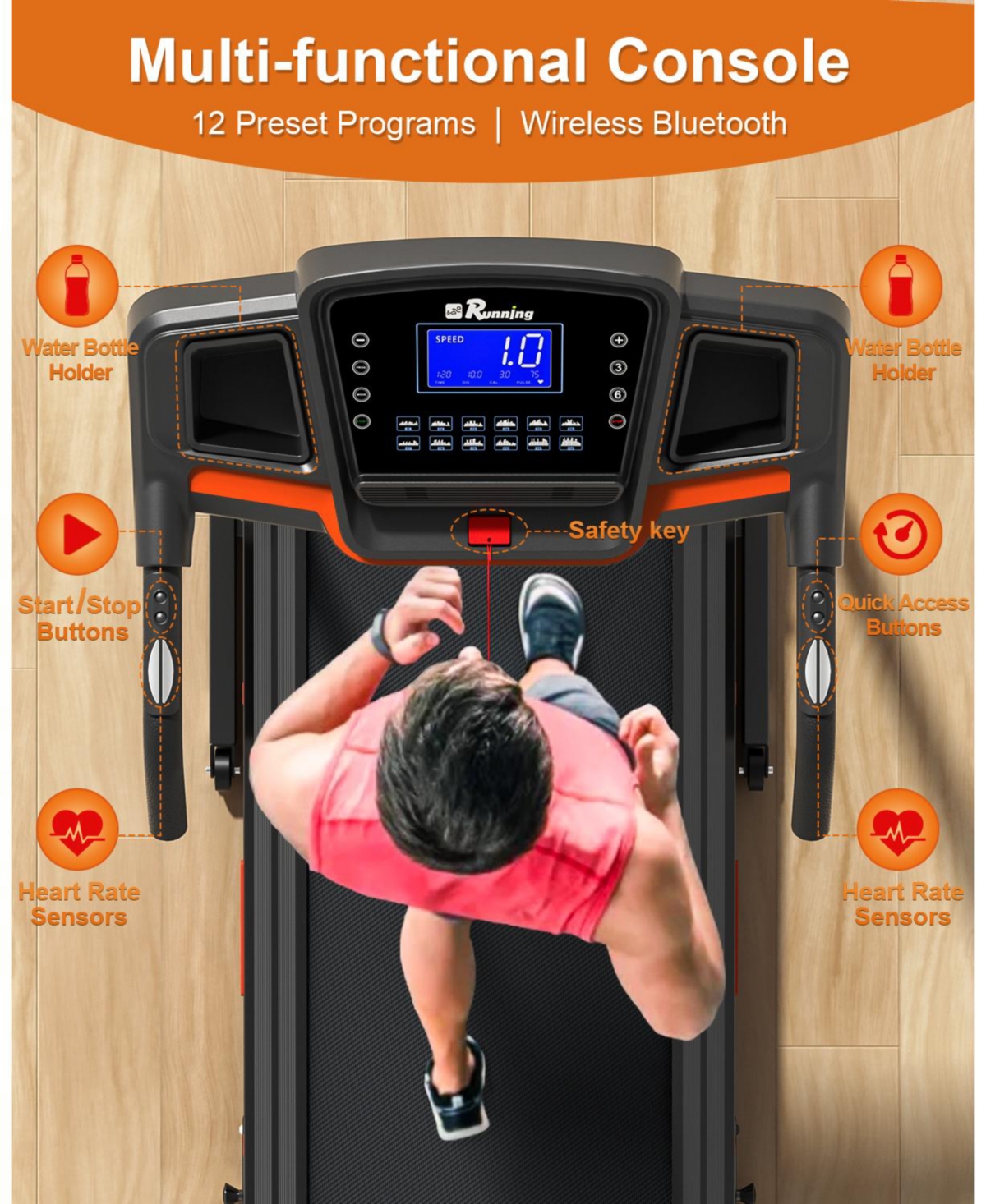 Redliro 3-Level Incline Folding Treadmill for Home, Running Machine with Bluetooth Speakers, Compact Treadmill with 330lbs Capacity