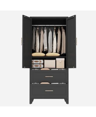 Streamdale 71" Black Metal Wardrobe Cabinet with 2 Drawers, Hanging Rod & Shelf