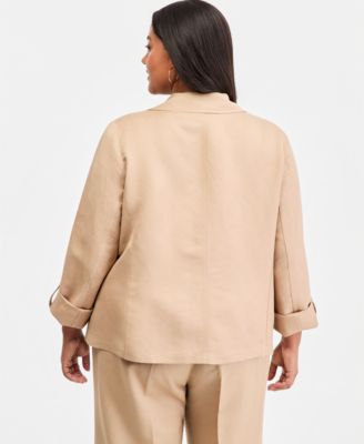 Plus Size Open-Front Seamed Roll-Tab-Sleeve Jacket