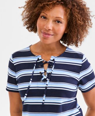 Women's Striped Lace-Up Short-Sleeve Top
