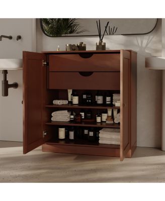 100% Solid Wood 32" Bathroom Storage Cabinet with Shaker Doors, 2-Drawers & Adjustable Shelves