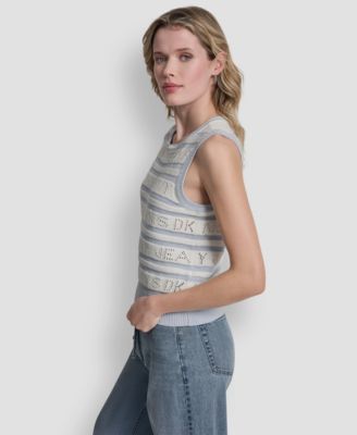 Women's Sleeveless Logo Pointelle Striped Sweater