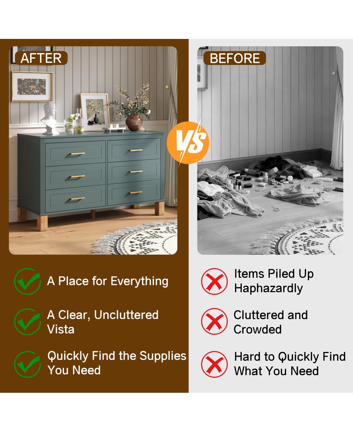 Streamdale Furniture 6-Drawer Double Dresser with Metal Handles & Solid Wood Legs