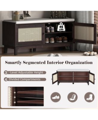 Rattan Shoe Storage Bench, Wooden Shoe Organizer with Cushion, 2 Doors, 2-Tier Shoe Rack and Adjustable Shelves for Entryway, Hallway