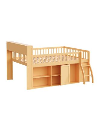 Full Size Loft Bed with Storage, Headboard with LED Light, Natural
