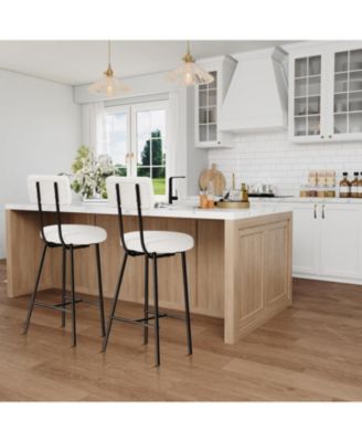 Set of 2 Upholstered Counter Height Bar Stools – Round Seat, Back and Footrest