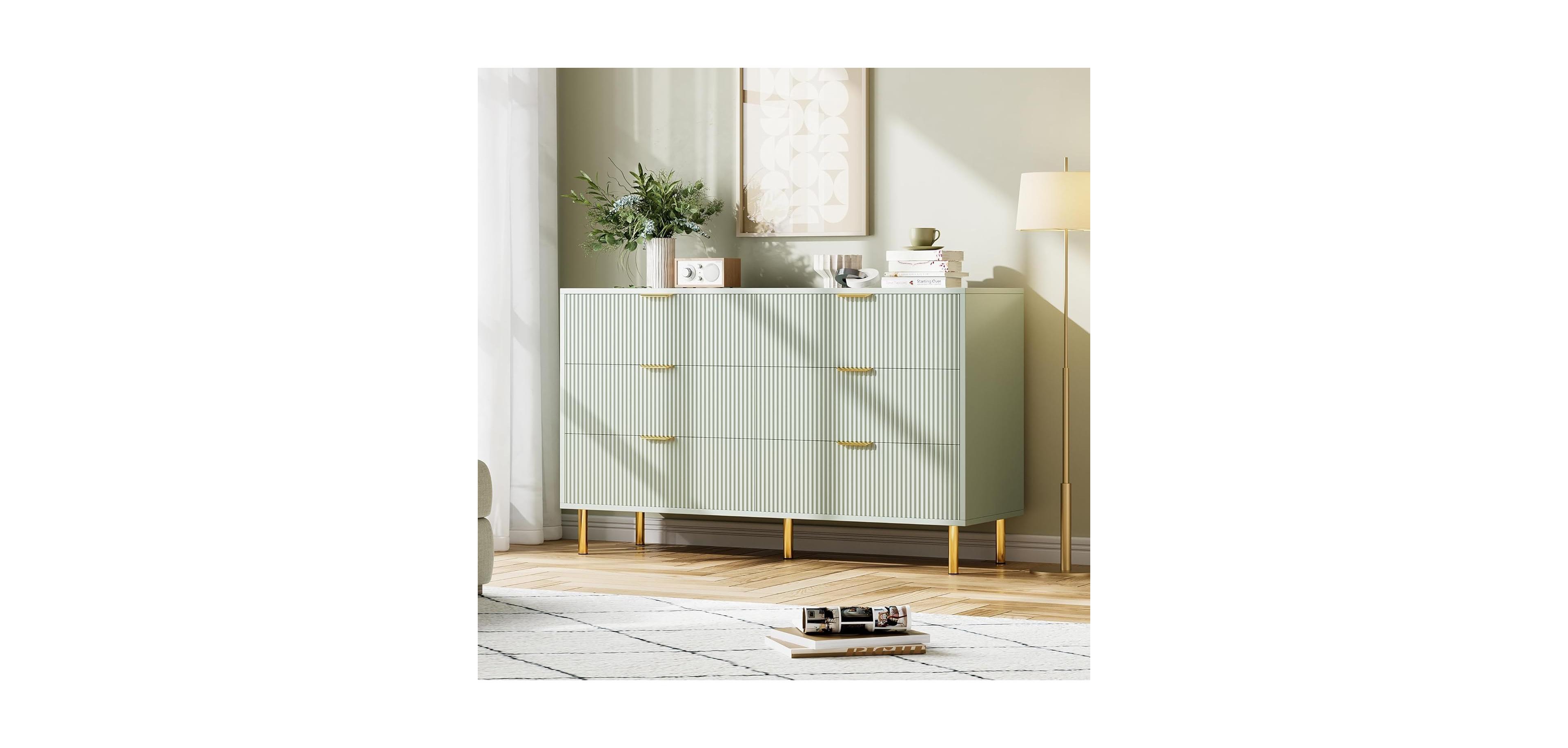 gaomon 6 Drawer Dresser for Bedroom, Large Chest of Drawers, Modern Wood Storage Dresser Organizer with Gold Metal Handles & Anti-Tipping Device