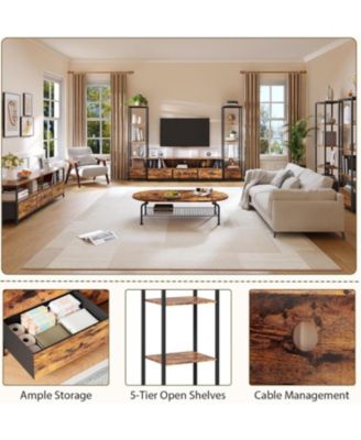 TV Entertainment Center with Storage, 5 Fabric Drawer, 2 Bookshelf, TV Console with Shelf for TVs